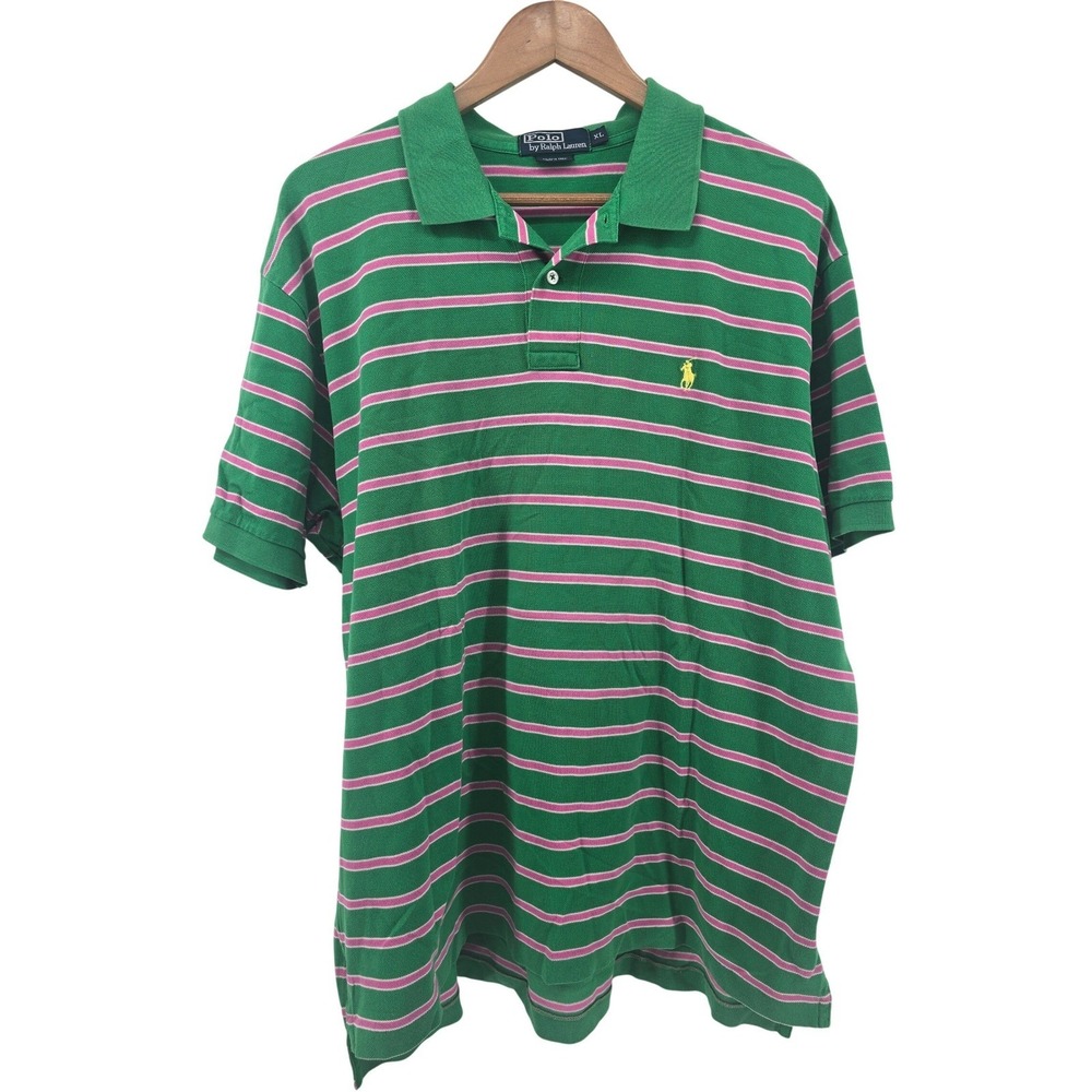 Polo Ralph Lauren Polo Shirt Mens XL Green Pink Striped Pima Cotton Pony Logo